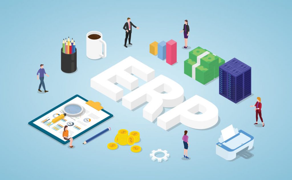 Erp enterprise resource planning concept with team people and asset company with modern isometric style